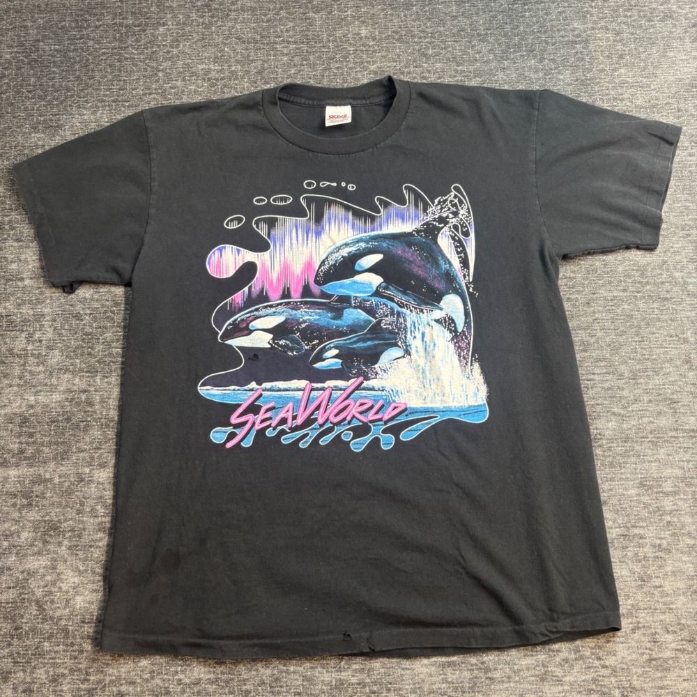 Vintage 90s SeaWorld Orca Whale Graphic T-Shirt Black Anvil XL Neon Retro Nature